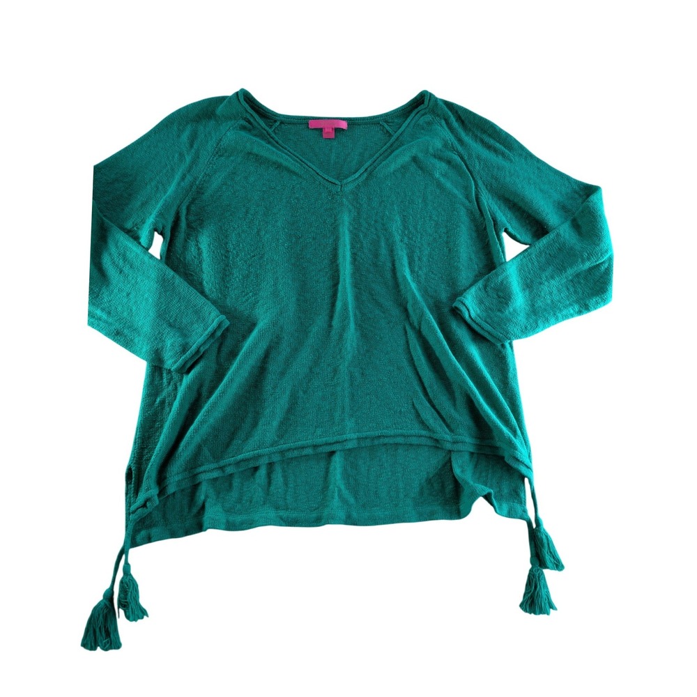 Lilly Pulitzer Womens XXL Green V-Neck Tassel Hem High-Low Cotton Blend Sweater